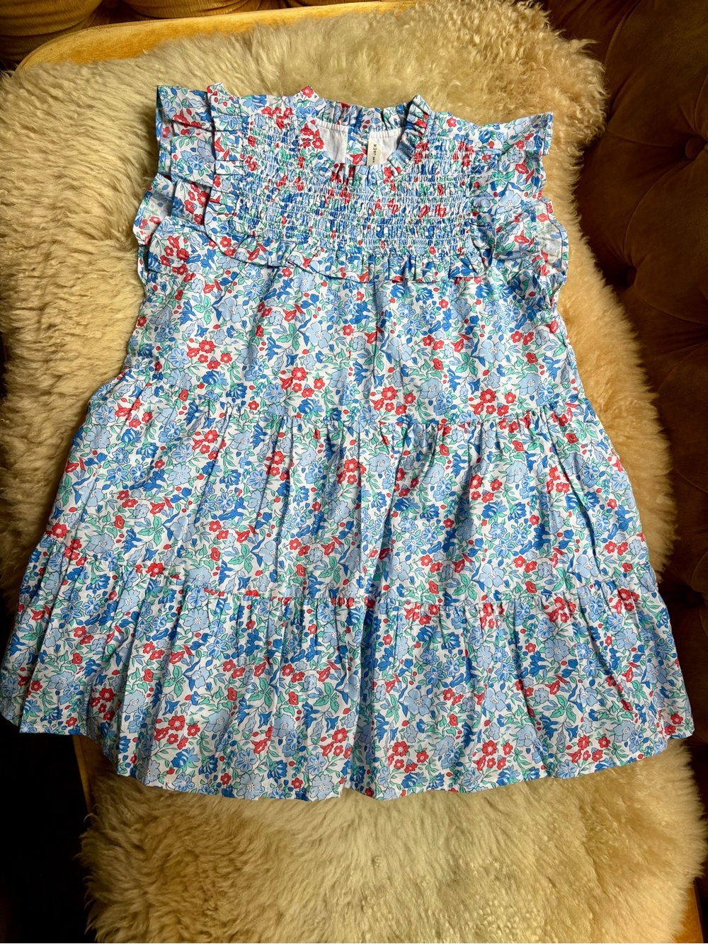 Janie and Jack Floral Blue & Red Smocked Tiered Dress NWOT 4